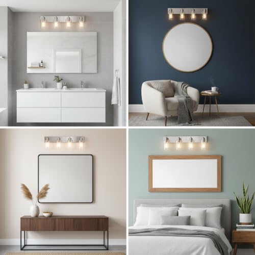 4-Light Brushed Nickel Bathroom Vanity Lights, Clear Glass | Brushed Nickel Metal Frame,Up/Down Wall Mount,cylinder Glass Shade,Kitchen Hallway Bedroom Indoor Use,Easy Install,E26 Base - size: 4-light
