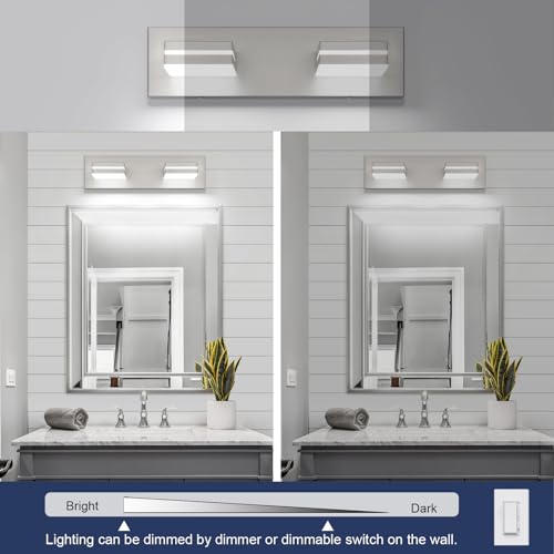 SineRise LED Modern Bathroom Vanity Light Fixtures, Modern Acrylic Bathroom Wall Lighting Fixtures Over Mirror, 2-Light, 15.5-Inch, Nickel, 100%-0% White - color: Nickel, 100%-0% White, size: 2-Light, 15.5-Inch