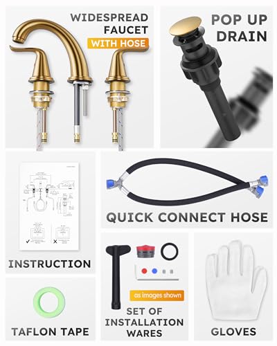 WOWOW Widespread Bathroom Faucet Brushed Gold Bathroom Sink Faucet 3 Hole Vanity Faucet 2 Handle Basin Faucets 8 Inch Mixer Tap with Pop Up Drain and Supply Hose - color: Brushed Gold