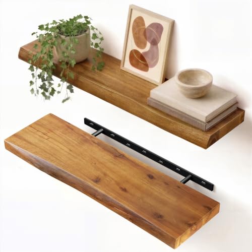 BATODA 24" Wooden Live Edge Floating Shelves for Wall, Book Shelf Set of 2 | Acacia Wood, 100 Lbs Capacity, Wall Mounted, Hidden Steel Brackets, Hardware Included, Used for Bathroom, Bedroom, Kitchen - color: Acacia, size: 24 Inch Length