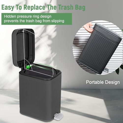 rejomiik Small Bathroom Trash Can with Lid Slim Soft Close Garbage Can Step Wastebasket Container Trash Bin for Office Bedroom Kitchen Living Room (2.6 Gallon Dark Gray) | Garbage Can with Pedal for Office, Bedroom, Kitchen & Living Room, Narrow Plastic W