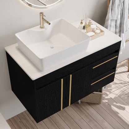 36” Floating Bathroom Vanity with Ceramic Sink, Wall-Mounted Plywood Cabinet with 2 Doors & 2 Drawers, White Left Side Vessel Sink, Soft-Close Storage Vanity, Side White - color: Side White