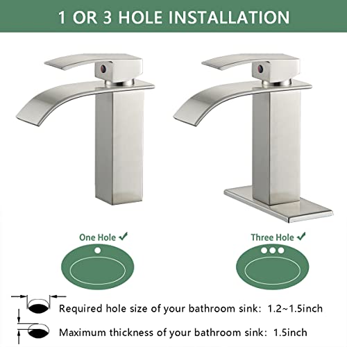 VOTON Waterfall Bathroom Faucets Brushed Nickel Modern Single Handle Sink Faucet for 1 or 3 Holes with Deck Plate and Pop-Up Drain, Rv Sink Camper Farmhouse Faucet - color: Brushed Nickel