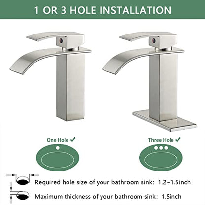 VOTON Waterfall Bathroom Faucets Brushed Nickel Modern Single Handle Sink Faucet for 1 or 3 Holes with Deck Plate and Pop-Up Drain, Rv Sink Camper Farmhouse Faucet - color: Brushed Nickel