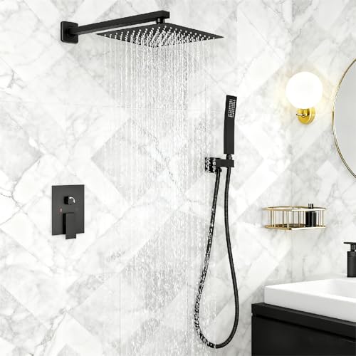 Matte Black Square Shower Head with Handheld Set, Rainfall Shower System Modern Wall Mounted Shower Faucet for Bathroom 10 inch (With Shower Valve) - color: Matte Black, style: 2 Setting-10in