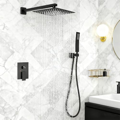 Matte Black Square Shower Head with Handheld Set, Rainfall Shower System Modern Wall Mounted Shower Faucet for Bathroom 10 inch (With Shower Valve) - color: Matte Black, style: 2 Setting-10in