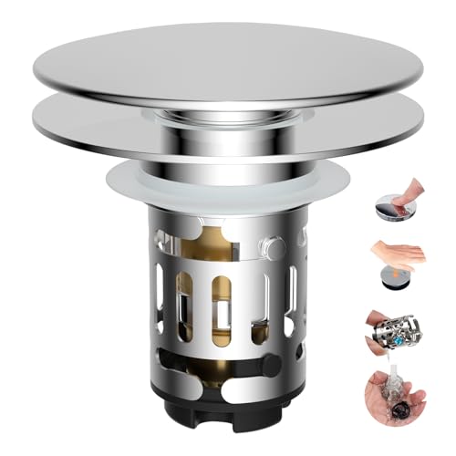 Hibbent Upgraded 3 in 1 Bathroom Sink Drain Strainer, Universal Pop Up Sink Stopper with Big Push Cap, Anti-Clogging Metal Filter Basket,Sink Plug with Hair Catcher for 1.1''~2.36'' Basin, Chrome - color: Chrome