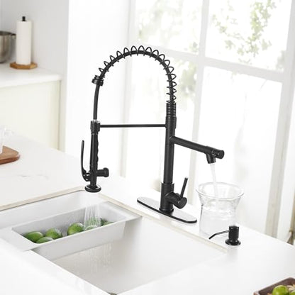 Fapully Commercial Pull Down Kitchen Sink Faucet with Sprayer Matte Black | Single Handle Faucets for Kitchen Sink, Kitchen Faucet with Soap Dispenser and Deck Plack for 4 Holes, 1.8GPM Water Flow - color: Matte Black, style: Contemporary