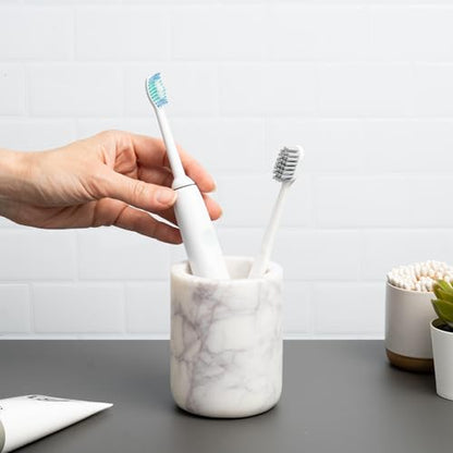 Cork & Mill Marble Toothbrush Holder Cup for Bathroom Countertop | Real White Stone, Decorative Organizer for Tooth Brush and Toothpaste, Aesthetic Vanity Accessory