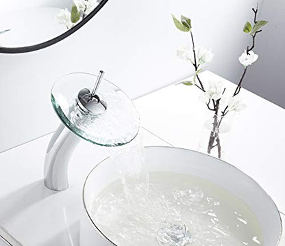 Bathroom Vessel Faucet Waterfall Glass Spout Solid Brass Bath Lavatory Vessel Sink Vanity Faucet Chrome Single Handle One Hole Glass Bowl Sink Tall Body for Above Counter Basin | Bath Lavatory Vessel Sink Vanity Faucet Glass Bowl Sink Tall Body for Above