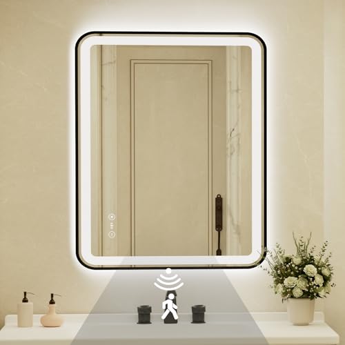 36x48 Inch Black Framed LED Bathroom Mirror with Lights,Smart Bathroom Mirror,Motion Sensor,Anti-Fog,Stepless Dimmable & 3 Colors,Memory,Vanity Mirror for Wall - color: Black-with Sensor Lights, size: 36"L x 48"W