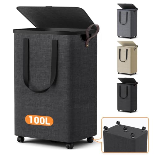 Laundry Basket with 5 Wheels, Tall Dirty Laundry Hamper, Rolling Laundry Basket with Lid, Large 100L Collapsible Clothes Hamper for Laundry Room Bedroom Bathroom Dorm, Deep Gray - color: Deep Gray, size: 100L