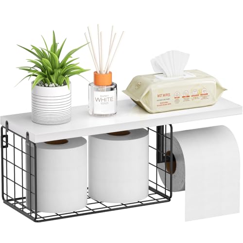 VITVITI Toilet Paper Holder with Shelf, Wall Mounted Storage Basket, White | Farmhouse Wall Mount Toilet Paper Holder Shelves, Wood Metal Toilet Roll Wipes Holder for Bathroom - color: White