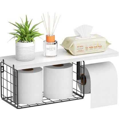 VITVITI Toilet Paper Holder with Shelf, Wall Mounted Storage Basket, White | Farmhouse Wall Mount Toilet Paper Holder Shelves, Wood Metal Toilet Roll Wipes Holder for Bathroom - color: White