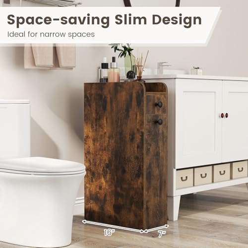 GIANTEX Slim Bathroom Storage Cabinet, Space-Saving Toilet Side Cabinet with Slide-Out Drawers on 3 Wheels, Freestanding Narrow Toilet Paper Holder for Living Room, Laundry Room (Rustic Brown) - color: Rustic Brown