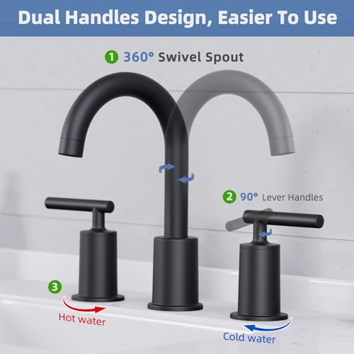 VXV Matte Black Bathroom Faucet 3 Hole Widespread with Easy Installation, 2-Handle 8 Inch Bathroom Sink Faucet 360° Swivel Spout, Pre-Attached Hoses & Drain Included, Vanity Faucet for Bath Sink - color: Luxury Matte Black