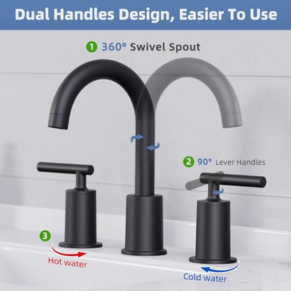 VXV Matte Black Bathroom Faucet 3 Hole Widespread with Easy Installation, 2-Handle 8 Inch Bathroom Sink Faucet 360° Swivel Spout, Pre-Attached Hoses & Drain Included, Vanity Faucet for Bath Sink - color: Luxury Matte Black