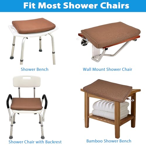 AEROiVi Shower Seat Cushion Non-Slip Silicone Bottom 3D Mesh Washable Brown | Soft Shower Chair Cushion for Benches Quick Drying Washable Mat 3D Mesh Pad with Hook Design Elderly Handicap Disabled - size: Brown