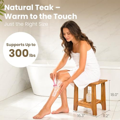 NNN 18" Standard Teak Shower Bench with Japan-Made Non-Slip Leveling Feet | US Patented Design, Marine-Grade Hardware, Pre-Oiled European Teak Oil, Ready, 300lb, for Standard Tubs Showers & Outdoor Use - size: 18"W x 12" Dx 18"H