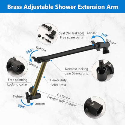PDPBath Brass 16 Inch Shower Head Extension Arm, Upgrade Flexible Height & Angle Adjustable Shower Arm Extender with Lock Joints, for Fixed Shower Head & Handheld Shower Head, Matte Black - color: Matte Black, style: 6 Inch + 10 Inch