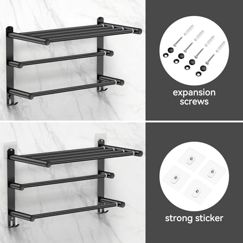 CAXIMSY Black Adjustable Towel Bar for Bathroom Wall Mount17-30.7inch Adhesive Shower Towel Rack Stainless Steel Bath Towel Holders for Toilet Kitchen Double Towel Hanger (Black 3-Layer Towel Rack)