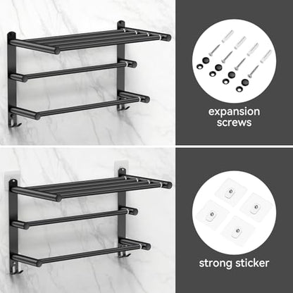 CAXIMSY Black Adjustable Towel Bar for Bathroom Wall Mount17-30.7inch Adhesive Shower Towel Rack Stainless Steel Bath Towel Holders for Toilet Kitchen Double Towel Hanger (Black 3-Layer Towel Rack)