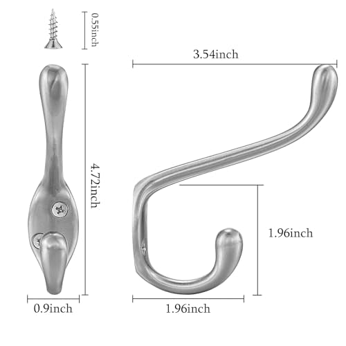 Coat Hooks 5 Pack - Heavy Duty Wall Mounted Brushed Nickel Door Hooks Double Prong Hooks for Hanging Clothes/Towels - Sturdiness Design with Better Mounting System - color: Brushed Nickel