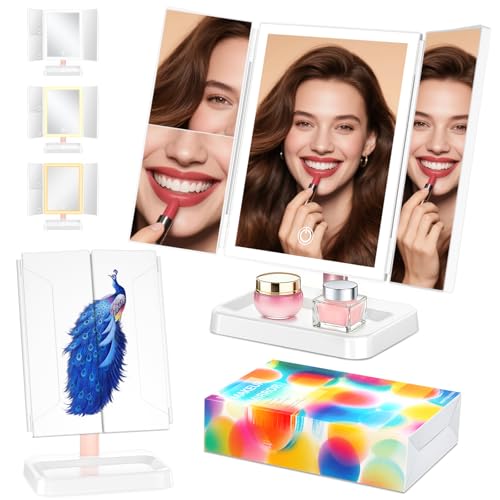 BERTHALESS Makeup Mirror Vanity Mirror with Lights, 1X, 2X, 3X Magnification, 3 Color Lighting,Touch Sensor Dimmable, Light Up Tabletop Cosmetic Mirror - color: Peacock a