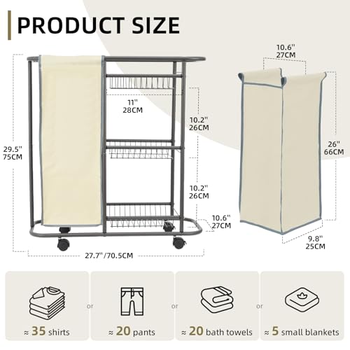 Rolling Laundry Basket with Wheels and Handle,3 Storage Baskets, 45 L Bag | Heavy Duty Laundry Cart, Space Saving Laundry Room Organization - color: Beige