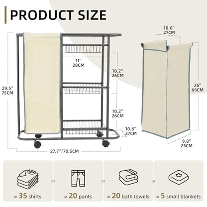 Rolling Laundry Basket with Wheels and Handle,3 Storage Baskets, 45 L Bag | Heavy Duty Laundry Cart, Space Saving Laundry Room Organization - color: Beige