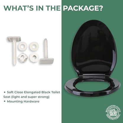 Renovators Supply Manufacturing Plastic Soft Close Toilet Seat Elongated Quiet-Close Lid, Contoured Seat, Easy to Install and Clean, Grip-Tight Bumpers with Adjustable Mounting Hardware, Black - color: Black, size: Pack of 1