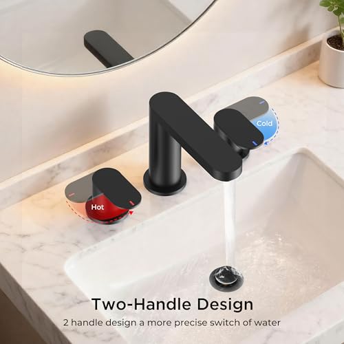 QFN Bathroom Faucet 3 Hole 8 Inch Widespread Vanity Sink Faucet Matte Black | 304 Stainless Steel Bathroom Sink Faucet with Pop-up Drain, 6-12 Inch 3 Hole Install, for RV Laundry Farmhouse Restroom Sink - color: Matte Black, style: Round