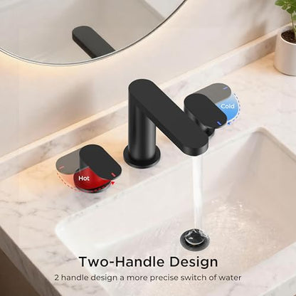 QFN Bathroom Faucet 3 Hole 8 Inch Widespread Vanity Sink Faucet Matte Black | 304 Stainless Steel Bathroom Sink Faucet with Pop-up Drain, 6-12 Inch 3 Hole Install, for RV Laundry Farmhouse Restroom Sink - color: Matte Black, style: Round