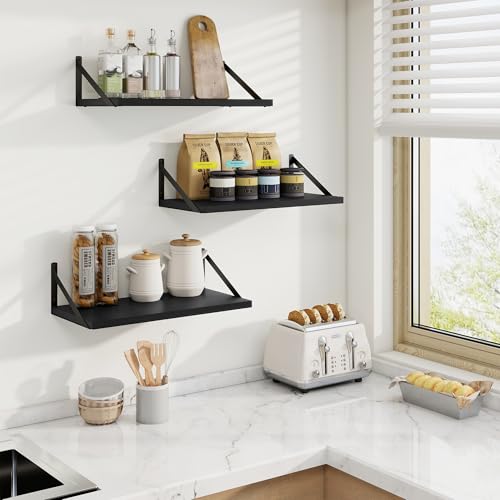 20 Inch Floating Shelves, 10 Inch Deep Black Wall Shelves Set of 2 | 20'' x 10'' Rustic Wood Shelves with Heavy Duty Brackets, Deep Shelves for Bathroom, Living Room, Engineered Wood, 35LBS - color: Black, size: 20W x 10D