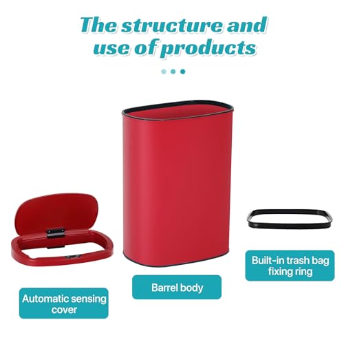 Dkeli 13 Gallon Kitchen Trash Can Garbage Can Waste Bin with Lid Automatic Touchless Stainless Steel Durable Trash Can for Home Office Living Room Bedroom, 50 Liter, Red - color: Red, size: 17 x 13 x 23 inches