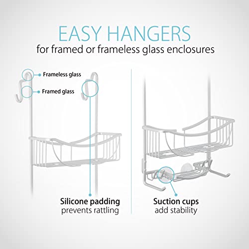 Better Living Products 13634 VENUS 3-Tier Over the Shower Door Caddy, Grey | Rustproof Aluminum Shower Door Organizer, 2 Large Baskets, Built-in Storage Hooks & Soap Dish, Suction Cups, No Drill