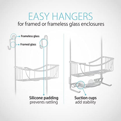 Better Living Products 13634 VENUS 3-Tier Over the Shower Door Caddy, Grey | Rustproof Aluminum Shower Door Organizer, 2 Large Baskets, Built-in Storage Hooks & Soap Dish, Suction Cups, No Drill