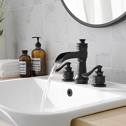 Bathroom Sink Faucet Waterfall 3 Hole or 8 Inch Widespread Tap | Matte Balck,Brass,Double Handle,Easy to Clean,Simple Installation,Pop-up Drain,Supply Line,Control of Hot and Cold Water - color: Matte Black