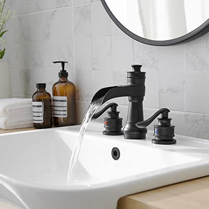 Bathroom Sink Faucet Waterfall 3 Hole or 8 Inch Widespread Tap | Matte Balck,Brass,Double Handle,Easy to Clean,Simple Installation,Pop-up Drain,Supply Line,Control of Hot and Cold Water - color: Matte Black