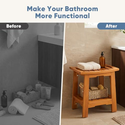 DUMOS Wooden Shower Bench, 18" Waterproof Shower Stool for Inside Showers | Non-Slip Bathroom Bench with Shelf & Handles for Senior Adult, Disabled Elderly, 300 LBS Capacity, Brown - size: 14"W