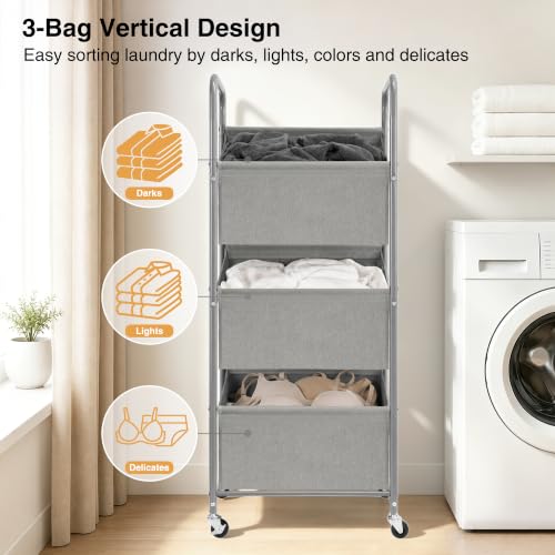 STO STO 3-Tier Vertical Rolling Laundry Hamper, Removable Bags, Gray Faric | 120L Capacity, Space-Saving Vertical Design, Rust-Resistant Steel Frame, Lockable Wheels, Ideal for Apartments & Small Spaces - color: Gray Faric, size: 3-Tier