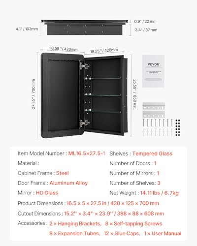 VEVOR Medicine Cabinet, 16.5 x 27.5 inch, Medicine Cabinet for Bathroom with Mirror, Aluminum Frame Bathroom Wall Cabinet, 3-Layer Adjustable Shelves, Recessed & Wall-Mounted Installation - size: 16.5x27.5in