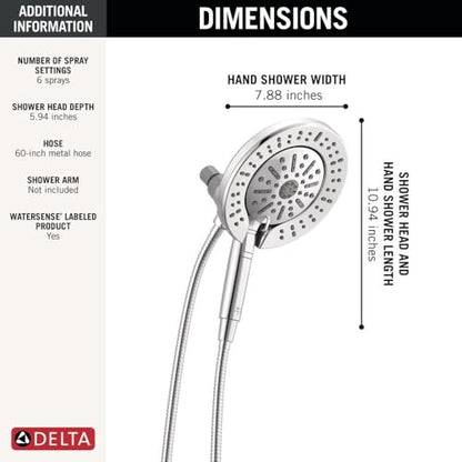 Delta 6-Setting In2ition 2-in-1 Dual Shower Head with Handheld High Pressure ProClean Spray, Chrome Detachable Shower Head with Hose, 1.75 GPM Flow Rate, Chrome 75655 - color: Chrome