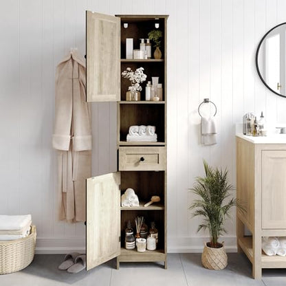 Flash Furniture Freestanding Bathroom Linen Tower Storage Cabinet, Brown | Farmhouse, Magnetic Close Doors, 2 Adjustable Shelves, Open Display Shelf - color: Brown