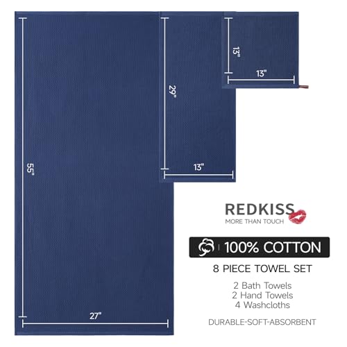 REDKISS Quick Dry Waffle Towel Set of 8, 100% Cotton,Lightweight & Highly Absorbent Waffle Towels for Bathroom, Spa, Gym, Pool-2 Bath Towels, 2 Hand Towels & 4 Washcloths,Blue - color: Blue
