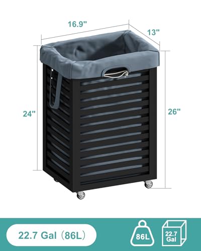 Black Laundry Hamper, Laundry Hamper with Wheels, 22.7 Gallon (86L) Bamboo Wood Clothes Laundry Basket with Handles, Removable Liner - color: Black