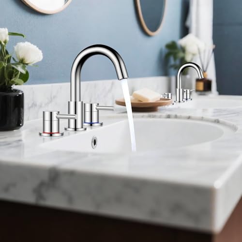 FGKQ 3-Hole 2-Handle Widespread Bathroom Sink Faucet, Chrome | Stainless steel, pop-up drain included, 360°swivel spout, for vanity sink 3-hole mount, 8-in widespread - color: Chrome
