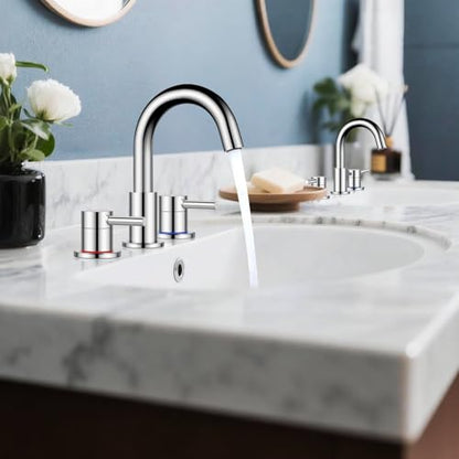 FGKQ 3-Hole 2-Handle Widespread Bathroom Sink Faucet, Chrome | Stainless steel, pop-up drain included, 360°swivel spout, for vanity sink 3-hole mount, 8-in widespread - color: Chrome