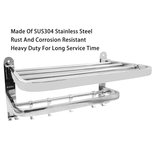 Foldable Towel Rack,Towel Hanger Towel Shelf with Double Towel Bars and Movable Hooks for Bathroom Lavatory,TTZEZE SUS304 Rustproof Modern Brushed Finish Towel Holder Wall Mount Silver (48cm/18.9'') - size: 48cm/18.9''