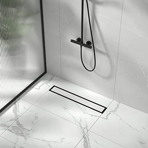 Linear Shower Drain, 304 Stainless Steel Floor Drain 18" | with Tiled Insert Grate & Hair Strainer, Bathroom 2-in-1 Tiled in Drain, CUPC Certified - color: Matte Black, size: 18''